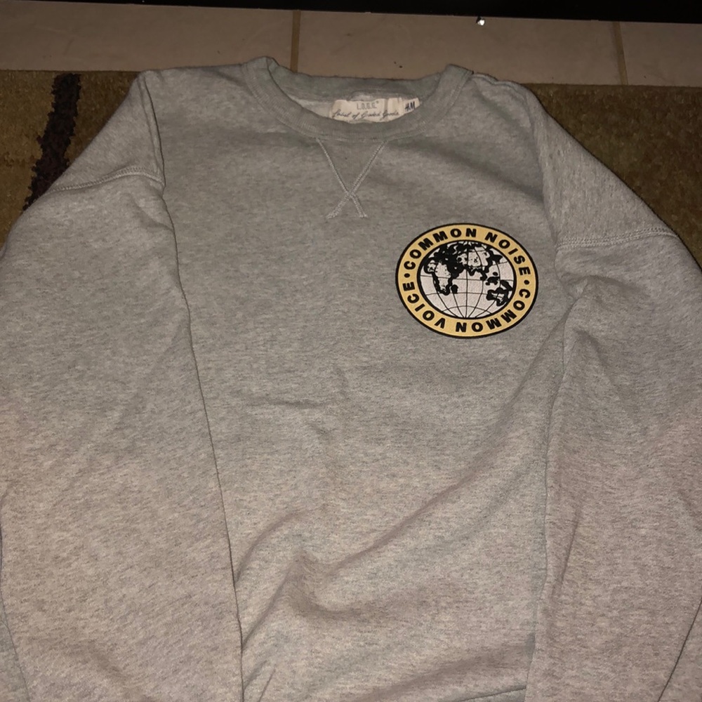 Grey sweater. Says “common noise • common voice”